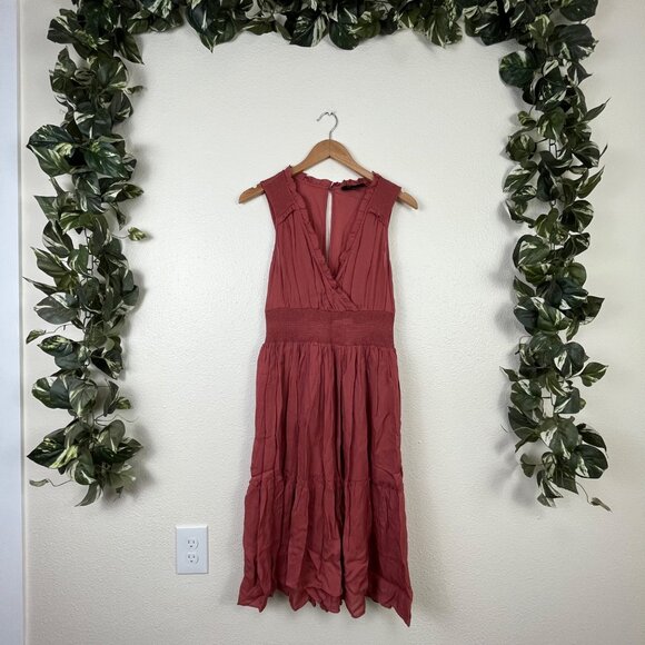 Frye Sleeveless Plunge V-Neck Peasant Midi Boho Dress Pink Women’s Size XS - Picture 1 of 9